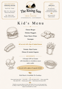 The Rising Sun Freehouse at Stourmouth Kid's Menu with pictures of burgers, nuggets, hotdogs, chips, spaghetti and ice cream on a vintage sepia background.