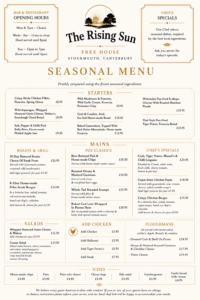 The Rising Sun Freehouse at Stourmouth, Seasonal Menu