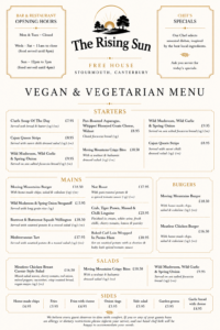 The Rising Sun Freehouse at Stourmouth, Vegan & Vegetarian Menu